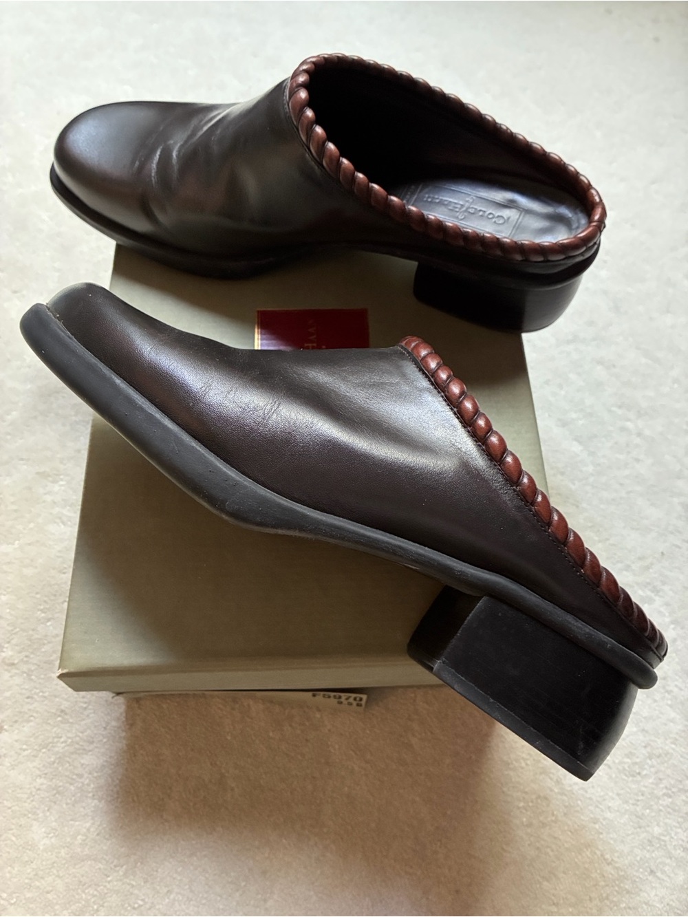 Cole Haan Dark Brown Leather Braided-Trim Mule
